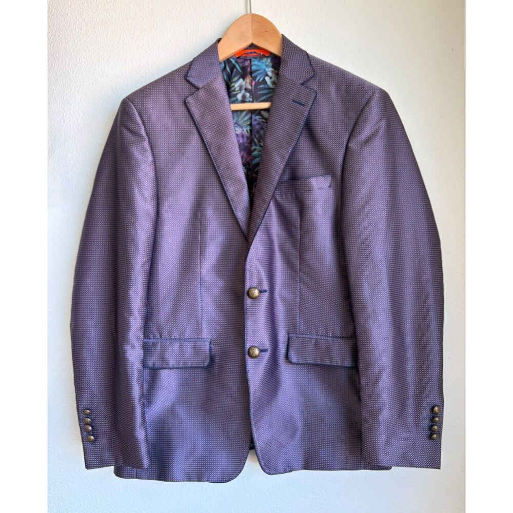 TALLIA Purple Plaid Floral Lined Brass Buttons Sport Coat Blazer Mens 38 Short